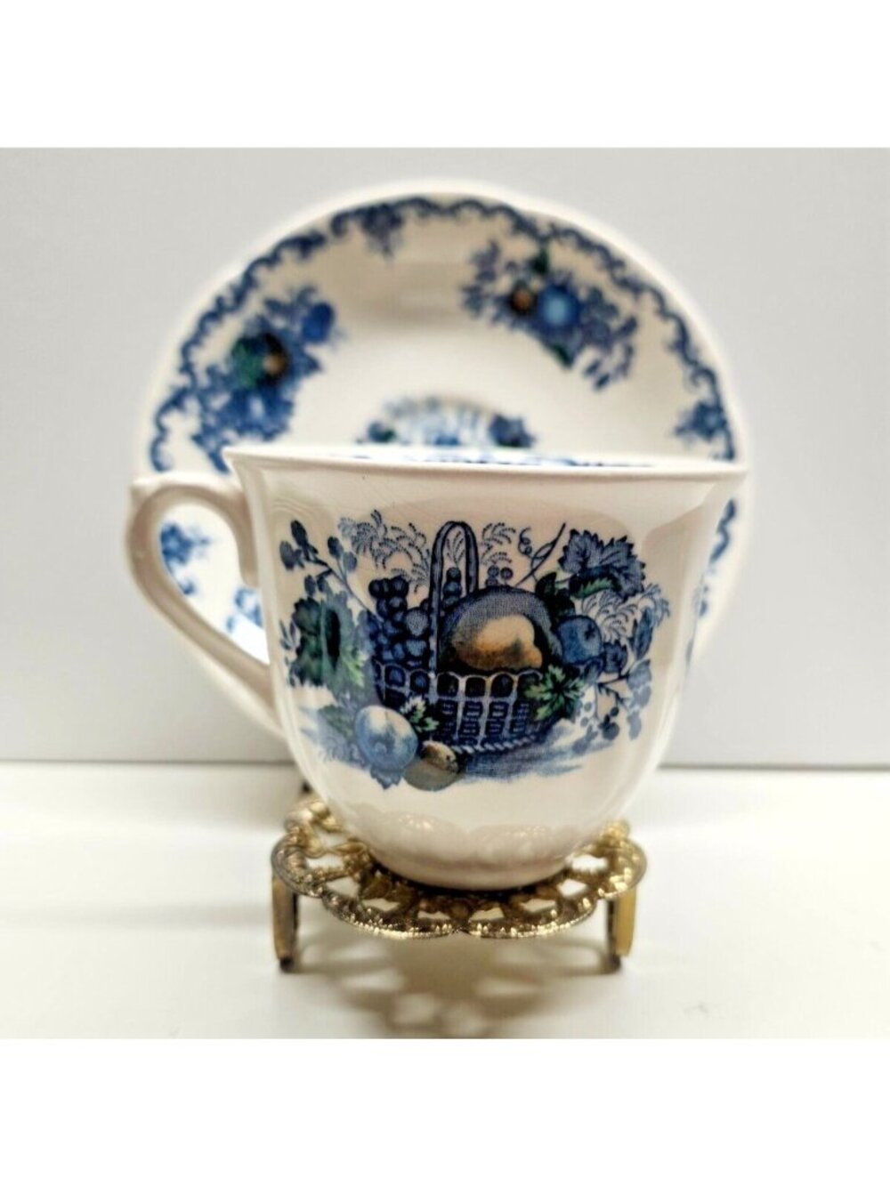 Mason's Fruit Basket Tea Cup & Saucer Ironstone Vintage Set Cream & Blue